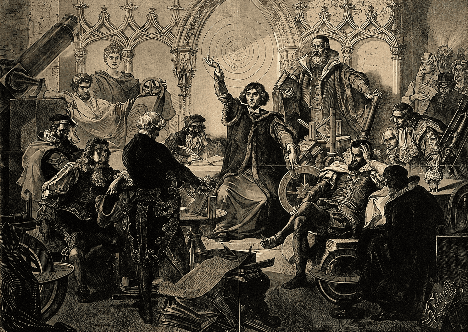 Antique engraving of Copernicus among astronomers, surrounded by scientific instruments.